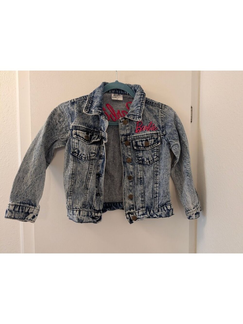 Barbie Girls Acid Wash Denim Jacket With Embroidered Logo Button-Up Long Sleeves